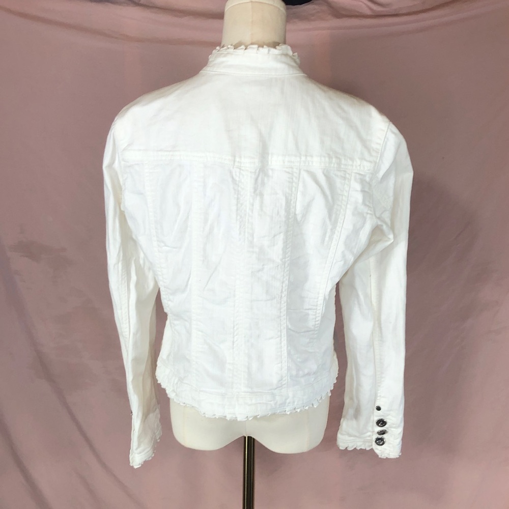 Cotton Women's Ruffle-Trim White Jean Jacket Size Large Spring Summer - Picture 7 of 14
